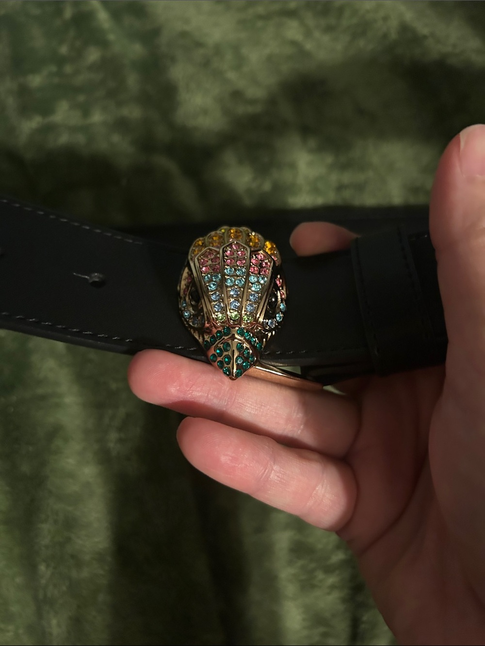 Kurt Geiger Black Leather Belt with Multicolor Crystal Eagle Buckle